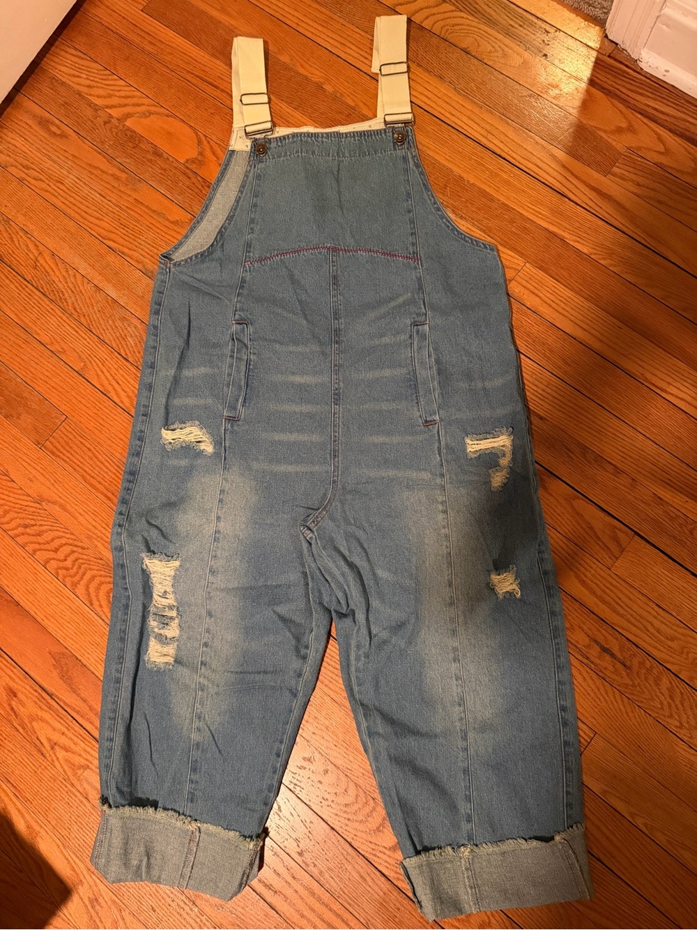 Super cute, distressed Light Blue Denim womens Overalls